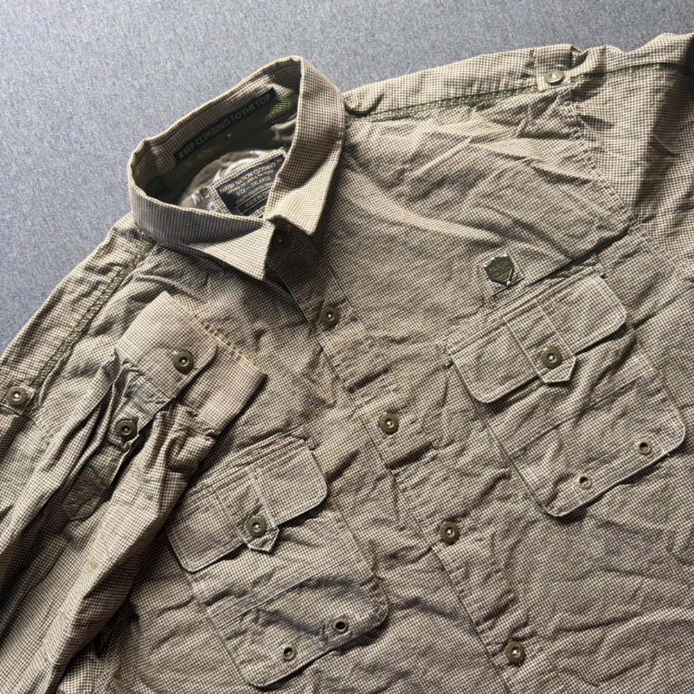 Parish Nation Mens 3XL Olive Green Check Button Down Utility Shirt Long Sleeve
